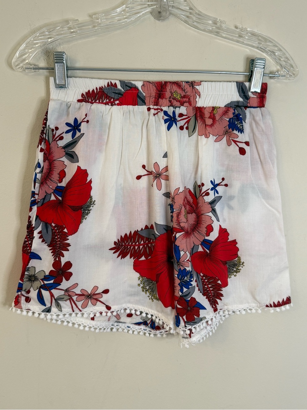 Zaful boho Hawaiian floral pom pom trim shorts pockets pull on SM FLAW